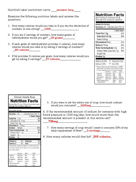 nutrition label worksheet answer key quizlet